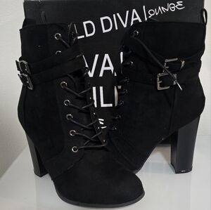 Wild Diva Black Heeled Boots with Lace-Up Detail